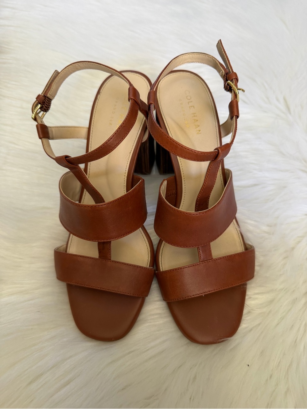 Cole Haan Cognac Leather Block Heel Sandals Sz 7